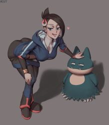 1girls black_hair blue_eyes female heart human looking_at_viewer mai_(pokemon_legends) munchlax petting pokémon_(species) pokemon pokemon_legends:_arceus wjs07