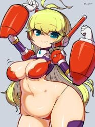 android arms_up bangs blonde_hair blue_eyes breasts choukadou_girl_1/6 cleavage closed_mouth cowboy_shot doll_joints eyebrows_visible_through_hair eyes_visible_through_hair female gloves grey_background haku_hakujou_daimaou highres joints large_breasts long_hair looking_at_viewer navel nona_(choukadou_girl_1/6) simple_background smile solo thong white_gloves wide_hips