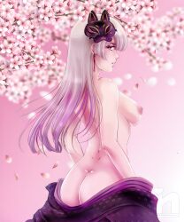 absurd_res female_only hair_ornament indie_virtual_youtuber kimono kitsune kitsune_mask naked_kimono neena_makurano nipples pink_eyes pink_hair production_kawaii saotome_nanda third-party_edit undressing virtual_youtuber