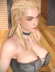 1girls 3d big_breasts blonde_hair breasts capcom cleavage devil_may_cry devil_may_cry_4 female female_only green_eyes large_breasts rude_frog solo trish_(devil_may_cry)