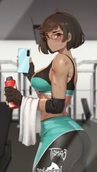 abs ass breasts brown_hair brown_skin eroblast female gym gym_clothes sarah:eroblast smiling stretching training working_out