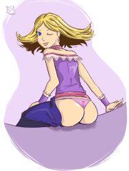 ass atlus blonde_hair blue_eyes choker dress_down earrings exposed_ass exposed_shoulders female female_only grossyjpeg irem jewelry mooning one_eye_closed pink_thong purple_shirt savory_(bumpy_trot) shirt smile solo steambot_chronicles wink