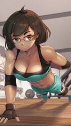 abs big_breasts boobs breasts brown_hair brown_skin cleavage eroblast female flexing glasses gloves gym gym_clothes looking_at_viewer one-handed_push_up push-up sarah:eroblast strong training