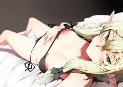 bed bikini breasts elf female female_only goblin_slayer green_hair high_elf_archer_(goblin_slayer) lying lying_on_bed nipples ryu_jiao