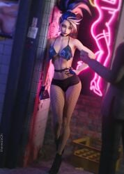 1girls 3d abs akali athletic blue_bra blue_gloves busty choker female female_focus female_only high_heels hourglass_figure k/da_all_out_akali k/da_all_out_series k/da_series league_of_legends multicolored_hair pantyhose prostitution solo tagme therealzoh wide_hips