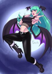 1girls belt bracelet capcom clothing collar darkstalkers demon_wings ear_piercing earrings female female_only fishnets flying full_body goth green_eyes green_hair head_wings heel_boots long_hair looking_at_viewer medium_breasts morrigan_aensland navel_piercing outstretched_arm red_lipstick solo solo_female spiked_bracelet spiked_collar succubus tank_top tight_pants tulipsie very_high_resolution wings