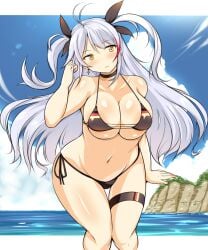 antenna_hair arm_at_side arm_up azur_lane bangs beach bikini black_bikini black_choker black_ribbon blue_sky blush breasts choker cleavage cliff cloud cloudy_sky collarbone cropped_legs cross cross_earrings curvy day earrings eyebrows_visible_through_hair female flag_print german_flag_bikini groin hair_ribbon hand_in_hair head_tilt highleg highres jewelry large_breasts leaning_forward legs_together long_hair micro_bikini multicolored_hair ocean outdoors parted_lips plump prinz_eugen_(azur_lane) prinz_eugen_(unfading_smile)_(azur_lane) red_hair ribbon shiny shiny_skin side-tie_bikini sidelocks silver_hair sky streaked_hair swimsuit thick_thighs thigh_gap thigh_strap thighs two_side_up underboob wedge_(tyrl_stride) wide_hips yellow_eyes