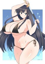 1girls bikini black_bikini black_hair blue_eyes border breasts cleavage female female_only highres holding holding_sword holding_weapon huge_breasts ikaruga_(senran_kagura) long_hair navel ootachi scabbard senran_kagura side-tie_bikini sideboob sidelocks solo sweat sweaty_thighs swimsuit sword underboob unsheathing weapon wedge_(tyrl_stride) white_border wide_hips