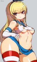 bare_shoulders blonde_hair bottom_heavy breasts brown_eyes closed_mouth cowboy_shot crop_top elbow_gloves eyebrows_visible_through_hair eyes_visible_through_hair female gloves grey_background hairband haku_hakujou_daimaou hand_on_hip highres huge_ass huge_thighs kantai_collection long_hair looking_at_viewer medium_breasts midriff miniskirt navel shimakaze_(kantai_collection) simple_background skindentation skirt smile smug solo striped striped_legwear thick_thighs thighhighs thighs thong underboob white_gloves