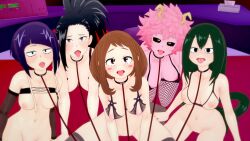 3d anticipation before_sex choker collar female female_only kyoka_jiro leash lingerie looking_at_viewer mina_ashido mommasspaghetti momo_yaoyorozu multiple_girls my_hero_academia ochako_uraraka pov shounen_jump tsuyu_asui