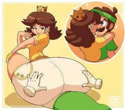 1boy 1girls ass badonkadonk belt big_ass bottom_heavy brown_hair canon_couple crown disembodied_hands gloves heart huge_ass hugging looking_back lucy_fuchs luigi mario_(series) mario_golf multiple_images nintendo princess_daisy sitting_on_lap skirt wholesome