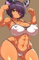 abs bangs bare_arms bare_shoulders breasts brown_background cameltoe cleavage collarbone covered_erect_nipples cowboy_shot eyebrows_visible_through_hair eyepatch female gluteal_fold grin hair_ornament haku_hakujou_daimaou highres kantai_collection large_breasts looking_at_viewer navel panties pose purple_hair short_hair simple_background smile solo stomach swept_bangs tenryuu_(kantai_collection) thick_thighs thighs underwear white_panties yellow_eyes