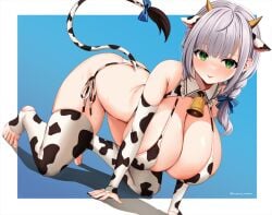 1girls 2022 areola_slip areolae armwear ass bending_over bent_over blush breast_squish breasts cleavage cow_accoutrements cow_bell cow_bikini cow_ears cow_girl cow_horns cow_pring_bikini cow_print cow_print_thighhighs cow_tail female female_only front_view green_eyes hanging_breasts hololive huge_breasts kneeling large_ass legwear long_cleavage looking_at_viewer marota_(imyme_maro) massive_breasts shirogane_noel short_hair side-tie_bikini simple_background skindentation small_horns stirrup_legwear tail tail_accessory tail_tuft thick_thighs thighhighs thighs toeless_legwear top_heavy_breasts virtual_youtuber white_breasts white_hair