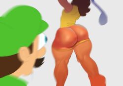 1boy 1girls ass awooga big_ass bottom_heavy brown_hair canon_couple dat_ass eyes_popping_out fat_ass funny humor luigi mario_(series) mario_golf motion_blur muscular_thighs mustache nintendo princess_daisy shorts tanned_female tanned_skin white_background whiteflagman wild_take