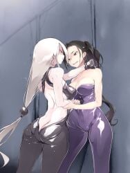 2girls alley armpits bare_back belly_punch blonde_hair brown_hair catfight choking face_to_face female female_focus female_only femdom gmi3 holding latex_clothing latex_suit original original_characters rubber_suit standing staredown tagme thick_thighs yuri
