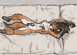 2012 anthro breasts brown_hair canid canine colored extreme_size_difference female fox fur furniture genitals group guide_lines hair inside jeri_kleinlowe long_hair lying macro male male/female mammal micro mouse murid murine nipples nude nude_female on_back orange_body orange_fur orange_tail rodent size_difference sofa tail trio vulva white_body white_fur