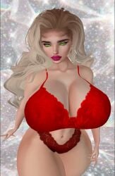 bare_shoulders blonde_hair cleavage curvy earrings glossy_lips green_eyes huge_breasts imvu midriff mole pinup red_bra red_lips red_panties red_underwear thick_thighs