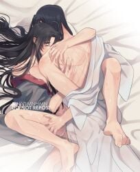 2boys ahoge alternate_hairstyle anal artist_name ass barefoot bed_sheet black_hair black_hanfu blush bottomless boy_on_top chinese_clothes closed_eyes clothes_down collarbone couple cum cum_in_ass cum_on_body cum_on_male from_above hair_down hand_on_another's_thigh hanfu hickey hug implied_sex lan_wangji leg_grab long_hair lying male male_focus minataka94 missionary modao_zushi multiple_boys naked_robe off_shoulder on_back on_bed open_clothes open_robe partially_undressed robe robe_partially_removed scar scar_on_back sex spread_legs sweat tears watermark wei_wuxian white_hanfu yaoi