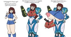 1girls areolae body_armor breast_expansion breasts brown_hair comic console-tan cosplay dialogue erect_nipples expansion expansion_sequence female female_only heterochromia human humanized hyper hyper_breasts large_breasts large_nipples nintendo nintendo_switch nipple_bulge nipples noh-buddy pointing_up samus_aran_(cosplay) switch-tan wardrobe_malfunction wide_hips