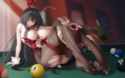 alternate_costume animal_ears azur_lane bare_shoulders black_hair black_leotard black_nails black_pantyhose blurry blurry_background blush bow bowtie breasts brown_pantyhose cleavage cum cum_in_pussy cum_on_body cum_on_breasts cum_on_clothes cum_on_feet detached_collar fake_animal_ears fake_tail feet female full_body hair_between_eyes hand_on_own_knee high_heels highleg_leotard huge_breasts indoors large_breasts legs leotard long_hair looking_at_viewer nail_polish nipples no_shoes official_alternate_costume pantyhose playboy_bunny rabbit_ears rabbit_tail red_bow red_eyes red_leotard red_nails shoes sitting smile soles solo taihou_(azur_lane) taihou_(fun_on_the_baize)_(azur_lane) tail thigh_strap toes torn_clothes torn_legwear torn_pantyhose unworn_shoes very_long_hair wrist_cuffs