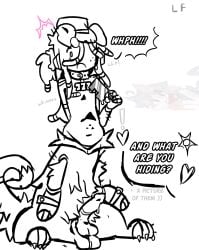2boys caught caught_in_the_act chance_(forsaken) doodle english_text forsaken_(roblox) gay knot lugiafan325 male monochrome official_alternate_costume offscreen_character roblox roblox_game self_upload tagme tail taur text two_time