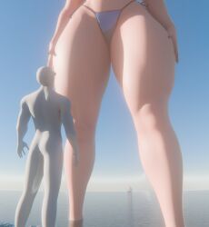 1boy 1girls 3d 3d_(artwork) anon anonymous_male bikini female giant_female giant_woman giantess height_difference light-skinned_female light_skin lusiashinra male metroid nintendo samus_aran size_difference swimsuit swimwear thick_thighs thighs water