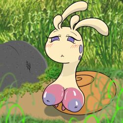 antennae_(anatomy) big_breasts blush breasts female feral gastropod grass_field hi_res hisuian_sliggoo inverted_nipples markings mole_(marking) mollusk nintendo nipples nuvostalis pink_breasts pokémon_(species) pokemon pokemon_only purple_eyes purple_nipples regional_form_(pokémon) shell shiny_pokémon shiny_sliggoo sliggoo snail solo video_games