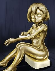 blank_eyes blonde_hair bodypaint clenched_teeth colored_eyelashes completely_nude facepaint gold_paint gold_skin highres idolmaster idolmaster_cinderella_girls indoors metal_skin nude petrification scared shiny_skin shiragiku_hotaru tears teeth yaneura_(yaneur)