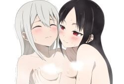 2girls age_difference black_hair blush blushing closed_eyes coro_fae female foam fog holding_breast kaguya-sama_wa_kokurasetai_~tensai-tachi_no_renai_zunousen~ long_hair older_female red_eyes senpai_and_kouhai shinomiya_kaguya shirogane_kei small_breasts teenage_girl teenage_tits teenager teenager_on_teenager white_hair younger_female yuri