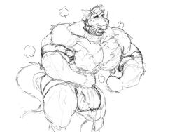 anthro balls bara big_balls big_penis bulge flexing furry gay jockstrap male male_only muscles muscular musk muskflask penis precum precum_through_clothing solo solo_male