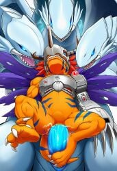 2boys ai_generated anal_sex anthro blue-eyes_ultimate_dragon blue-eyes_white_dragon blue_body digimon dinosaur dragon from_behind greymon large_penis male male_only metalgreymon open_mouth orange_body reptile scalie size_difference striped_body yu-gi-oh!