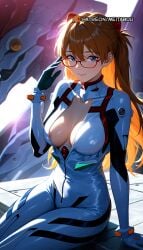 ai_generated arm_support ayanami_rei blue_eyes bodysuit breasts brown_hair cleavage closed_mouth collarbone female glasses hand_up large_breasts long_hair looking_at_viewer makinami_mari_illustrious mecha_pilot_suit medium_breasts meitabuu multiple_girls neon_genesis_evangelion plugsuit_(evangelion) rebuild_of_evangelion red-framed_eyewear sitting smile solo souryuu_asuka_langley