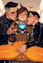1girls 2boys ai_generated clit_play female fingering fmm lena_oxton licking male nippleplay orientation_play overwatch threesome tracer