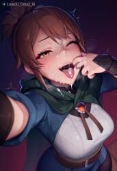 after_fellatio ai_dota_ai ai_generated artist_name blush breasts brooch brown_eyes brown_hair cape cum cum_in_mouth cum_on_tongue dota_2 facial female finger_in_own_mouth large_breasts looking_at_viewer marci marci_(dota) mouth_pull one_eye_closed open_mouth selfie solo sweat teeth tongue tongue_out