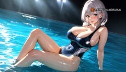 :> :p ai_generated arm_support blush breasts cleavage closed_mouth covered_navel female green_eyes grey_hair hololive hololive_fantasy hololive_japan knee_up large_breasts long_tongue looking_at_viewer meitabuu partially_submerged shirogane_noel sitting skin_tight smile soaking_feet solo tongue tongue_out virtual_youtuber wet