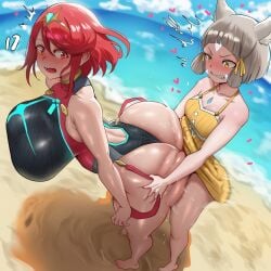 1futa 1girls ass bent_over blush cat_ears fat_ass futanari/female futanari_penetrating grabbing_another's_ass huge_ass motion_lines nia nia_(xenoblade) pyra pyra_(xenoblade) sea sex sex_from_behind simple_background standing_sex swimsuit xenoblade_(series) xenoblade_chronicles_2