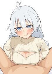 1boy absurdres ahoge blue_eyes breasts cleavage cleavage_cutout clothing_cutout female gukr4322 heart heart_ahoge highres kizuna_akari large_breasts licking_lips looking_at_viewer lube male naughty_face paizuri paizuri_under_clothes pov sweater tongue tongue_out turtleneck turtleneck_sweater vocaloid voiceroid white_background