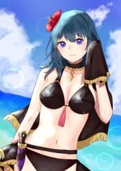 alternate_costume bikini black_bikini black_swimsuit blue_eyes blue_hair byleth_(fire_emblem) byleth_(fire_emblem)_(female) byleth_(summer)_(fire_emblem)_(female) female female_only fire_emblem fire_emblem:_three_houses fire_emblem_heroes light-skinned_female light_skin nintendo official_alternate_costume otoagame otokajife solo solo_female swimsuit