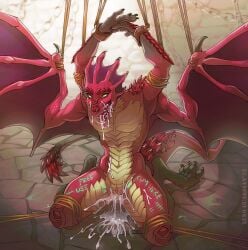 body_writing cum cum_in_mouth cum_in_pussy cuntboy dragon on_knees red_dragon red_scales rope spiky_tail tied_up wings xenoguardian yellow_eyes