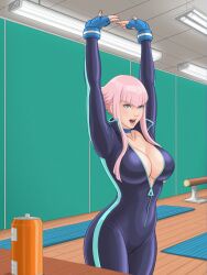 big_breasts bodysuit cleavage energy_drink female female_focus female_only gloves gym kamegallery manon_legrand mature mature_female pink_hair soda_can street_fighter street_fighter_6 stretching thick thick_ass thick_thighs