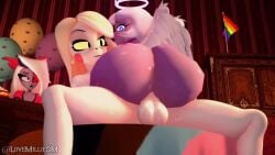 1futa 2girls 3d 3d_animation angel angel_wings animated ass big_ass blonde_hair charlie_morningstar_(hazbin_hotel) cowgirl_position cucked_lesbian cuckquean cum cum_in_pussy cum_inside cumshot demon emily_(hazbin_hotel) eyepatch female futa_on_female futanari grey_skin halo hazbin_hotel kissing lovemilliesm no_sound nude nude_female nude_futa penetration pride_flag pussy tagme vaggie_(hazbin_hotel) video watching_sex white_hair white_skin