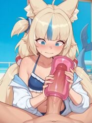 1boy 1girls ai_assisted ai_generated altra_x artificial_vagina beach blonde_hair blue_eyes blunt_bangs blush breasts cat_ears female fish_tail handjob indie_virtual_youtuber large_penis long_hair looking_at_partner low_twintails male male_pov navel penis pov precum sameko_saba shy small_breasts swimsuit swimsuit_under_clothes twintails virtual_youtuber vtuber wavy_mouth
