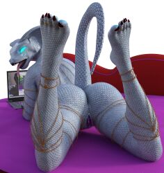 android anthro bbdworks chains colored_nails computer feet female glowing glowing_eyes hi_res humanoid hypnotic_eyes hypnotized laptop lying machine nails reptile robot scalie snake solo syndra_(bbd-works)