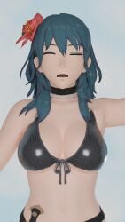 3d alternate_costume black_bikini black_swimsuit blue_hair breasts byleth_(fire_emblem) byleth_(fire_emblem)_(female) byleth_(summer)_(fire_emblem)_(female) closed_eyes female female_only fire_emblem fire_emblem:_three_houses fire_emblem_heroes light-skinned_female light_skin nintendo open_mouth opticpause solo solo_female