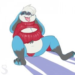 1:1 2017 alternate_version_at_source anthro artist_logo ass belly big_breasts blue_eyes blue_pawpads breasts buckteeth camel_toe cleavage_cutout clothed clothing cropped_sweater cutout digital_media_(artwork) eyelashes feet female floppy_ears hair hair_over_eye half-closed_eyes hand_on_belly hand_on_own_belly hi_res hindpaw lagomorph leporid lidded_eyes logo looking_well-fed lop_ears mammal mtf_crossgender narrowed_eyes navel open_mouth open_smile overweight overweight_anthro overweight_female panties pantsless pawpads paws rabbit red_clothing red_panties red_sweater red_topwear red_underwear rule_63 satisfied simple_background sitting smile solo spread_legs spreading squeeeshie stuffing sweater teeth tongue tongue_out topwear turtleneck underwear white_background white_hair winston_(roller-2009)