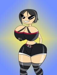 belt black_hair breasts female huge_breasts short_shorts shorts smile solo striped striped_legwear sunglasses thighhighs