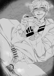 2boys anal balls bar_censor blush censored coat collared_shirt controller gagake_v game_controller gay gay_male glasses gloves greyscale heart highres holding holding_controller holding_game_controller leos_vincent leos_vincent_(1st_costume) lying male male_focus male_pubic_hair monochrome multiple_boys nijisanji on_back open_clothes open_coat penis protected_link pubic_hair saliva shirt short_hair smile sweat sweater_vest teeth testicles virtual_youtuber yaoi