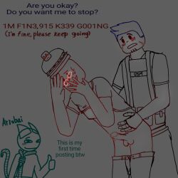 007n7 007n7_(forsaken) arrobai blue_hair burger burger_hat english_text forsaken_(roblox) from_behind gay glasses glasses_on_face grabbing_chest grabbing_from_behind grabbing_hip grabbing_waist guest_1337 guest_1337_(forsaken) guest_1337_(the_last_guest) hand_on_chest hand_on_hip hand_on_waist hand_on_wall male male_only pants_down penis penis_out roblox roblox_game robloxian self_upload shirt_lift shirt_up simple_background simple_coloring simple_eyes simple_face standing standing_sex text worried