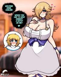 1boy 1girls 2025 alternate_version_available artist_logo artist_name ass big_ass big_breasts blonde_female blonde_hair blonde_hair_female blonde_hair_male blonde_male blush blush_lines blushing_at_partner blushing_female blushing_male blushing_profusely bow breasts clothed clothed_female clothed_female_clothed_male clothed_male clothing dialogue dialogue_bubble dinner_bath_or_me dress duo english english_dialogue english_text female female_focus fully_clothed fully_clothed_female heart heart-shaped_pupils heart_eyes heart_symbol hearts_around_head light-skinned_female light-skinned_male light_skin male mario_(series) nintendo princess_rosalina speech_bubble super_mario_bros. super_mario_galaxy sweater text text_bubble thick_thighs thighs zapklink