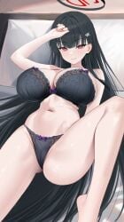 absurdres akipopopopoon black_bra black_hair black_panties blue_archive blush bra breasts cameltoe closed_mouth female hair_behind_ear hair_ornament hairclip halo highres huge_breasts long_hair looking_at_viewer millennium_science_school_student navel panties red_eyes red_halo rio_(blue_archive) seminar_(blue_archive) smile solo stomach thighs underwear underwear_only